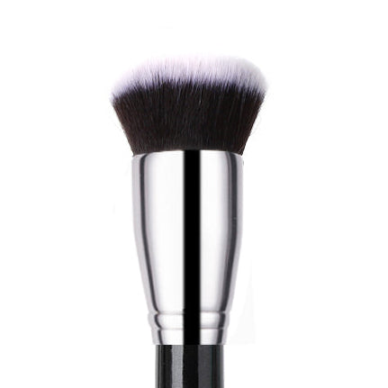 A flat top makeup brush with a black handle and synthetic bristles, designed for applying foundation.