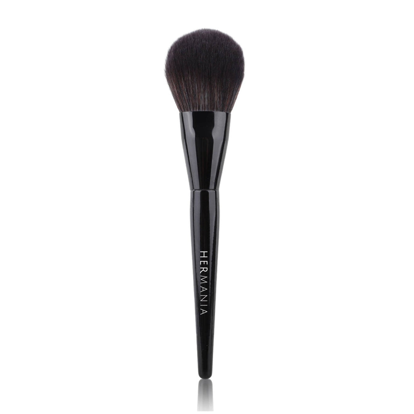 A black tapered powder and blusher brush with a wooden handle and soft synthetic hair.